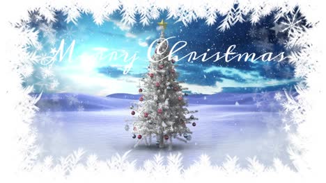 Animation-of-snow-covered-christmas-tree-in-snowflakes-frame-with-merry-christmas-text