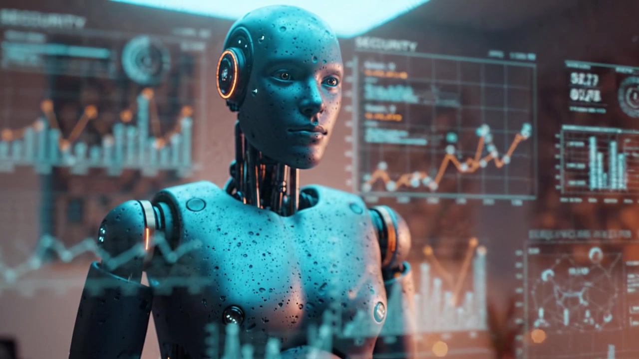 A futuristic humanoid robot stands in a high-tech environment, showcasing a blend of advanced technology and data visualization in a visually stunning display.