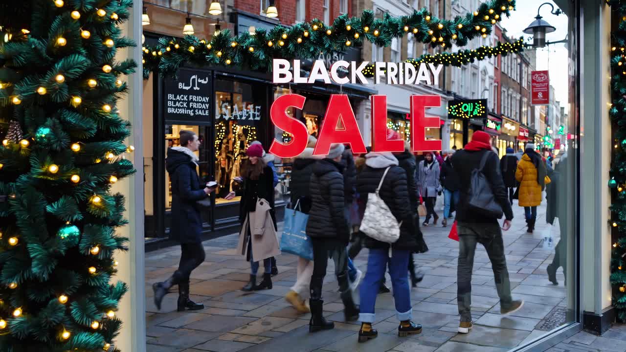 Street-level video captures bustling shoppers during a Black Friday sale