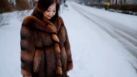 mujer con un lujoso abrigo de piel en un día de nieve