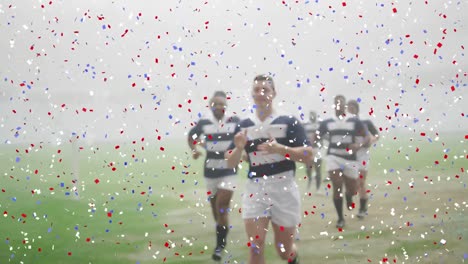 animación de confeti sobre jugadores de rugby masculinos en el estadio