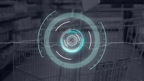 animation of circular scanner and graph processing data over shopping cart and shelves