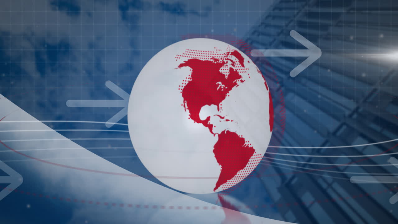 Animação de globo giratório e ícones de seta com vista de baixo de um edifício alto