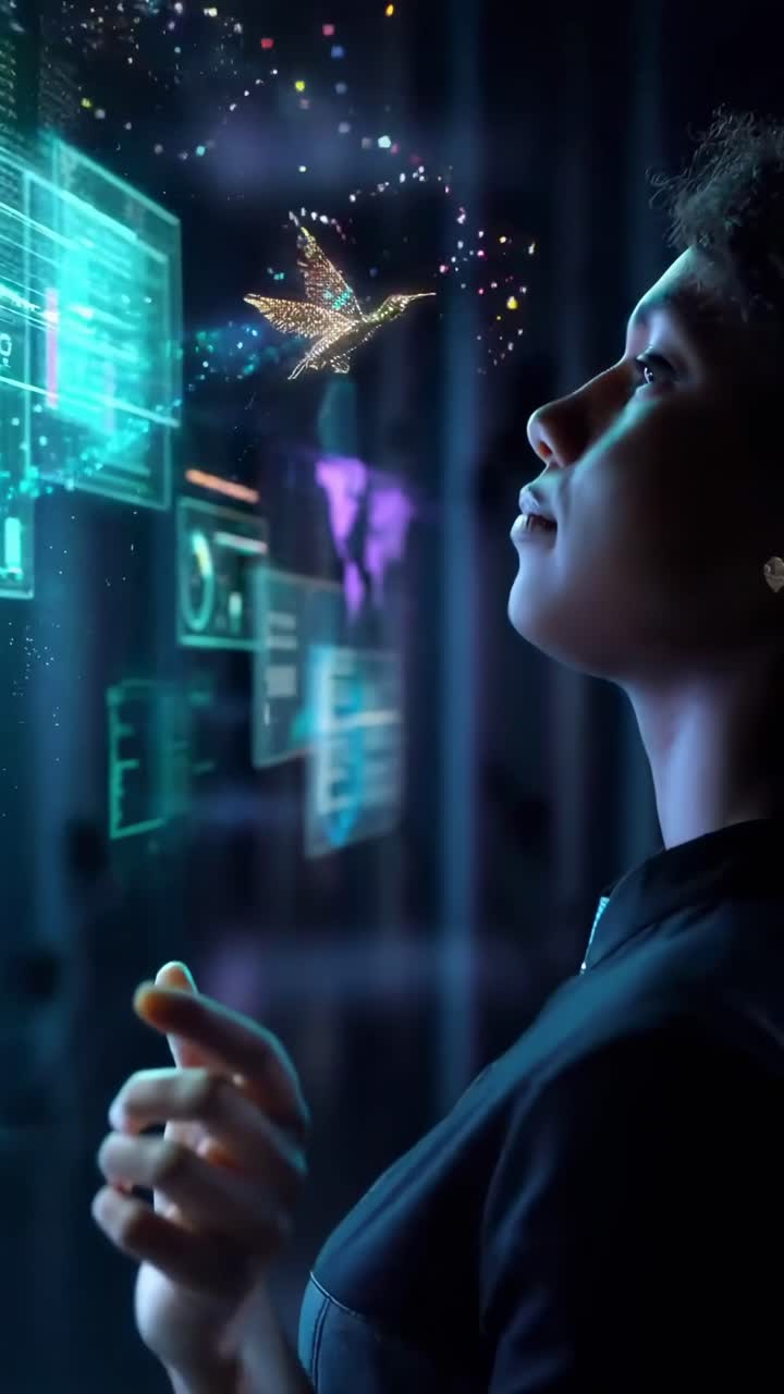 Vista laterale di una persona con schermi digitali futuristici, concept per video tecnologico