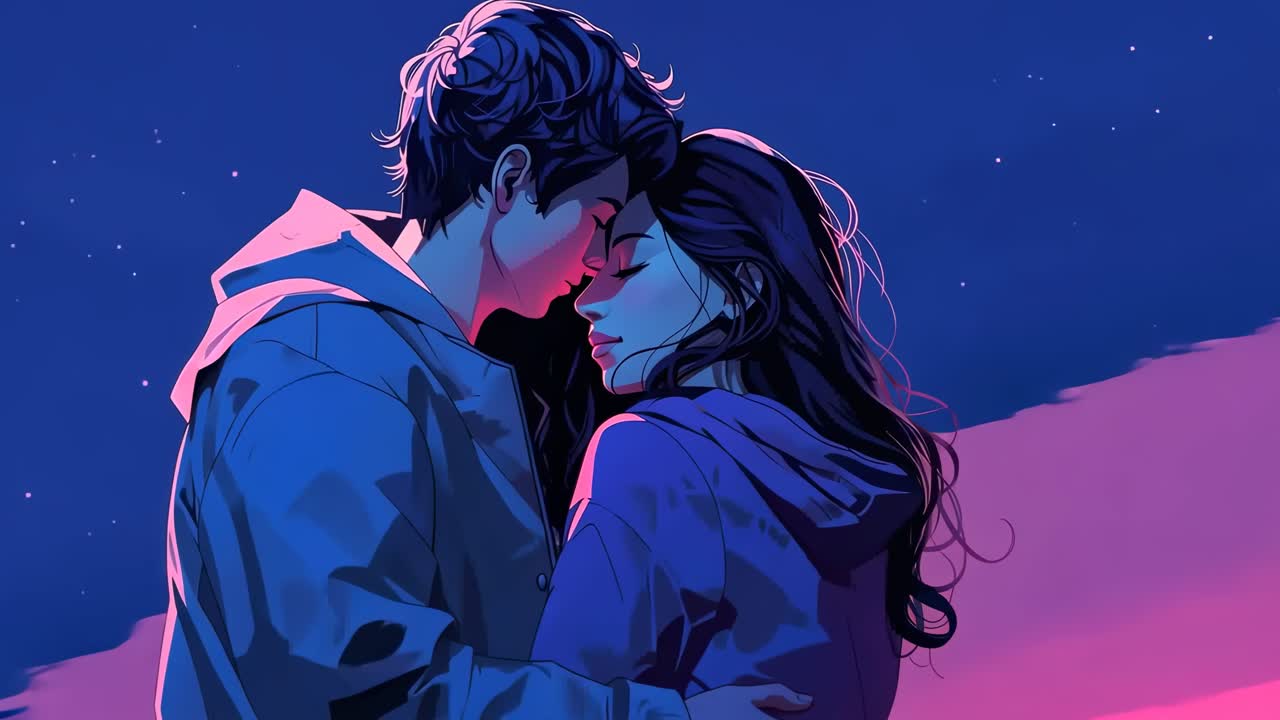 Fermo immagine video in stile anime romantico di una coppia che si abbraccia sotto un cielo stellato