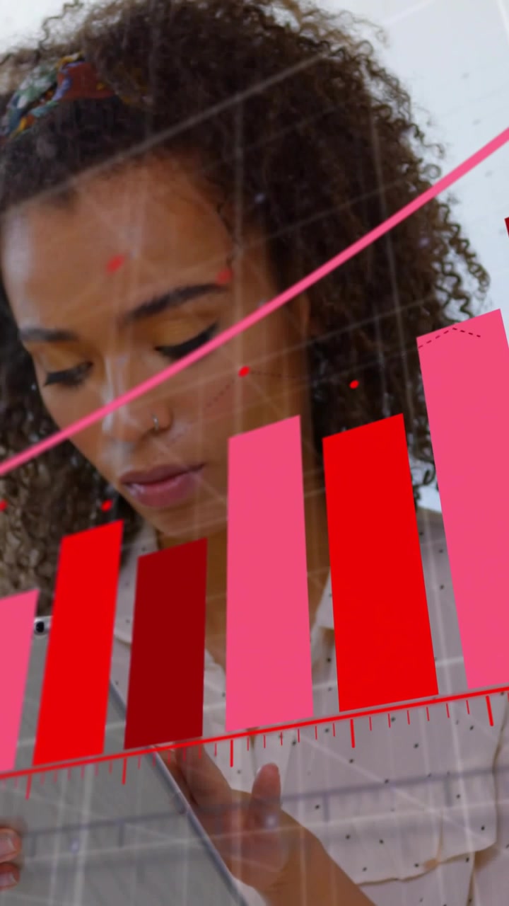 Vertical video: Woman tapping tablet, starting finance bars and pink trend showing sales rise