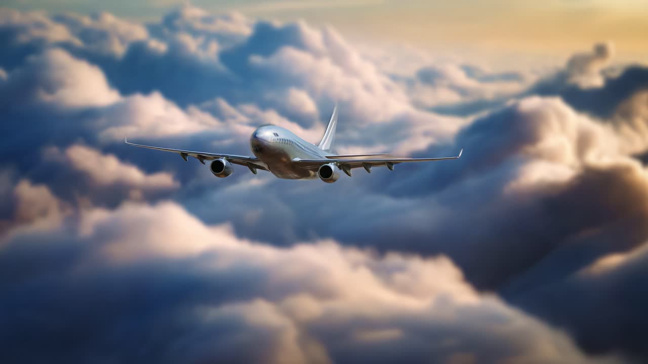 Voando acima das nuvens: uma aeronave majestosa navegando pelo céu deslumbrante ao entardecer, capturando a essência da aviação e da liberdade em voo