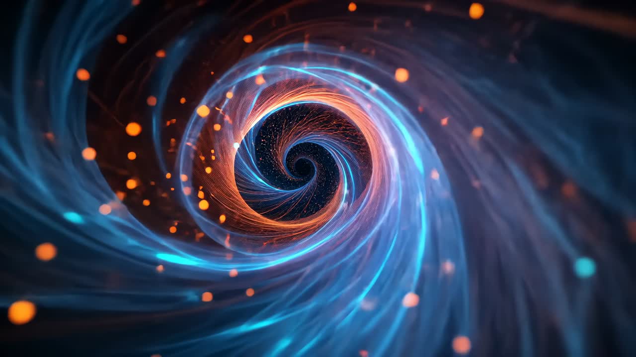 Starting spiraling orange and blue filaments toward void, glowing particles pulsing to form loop