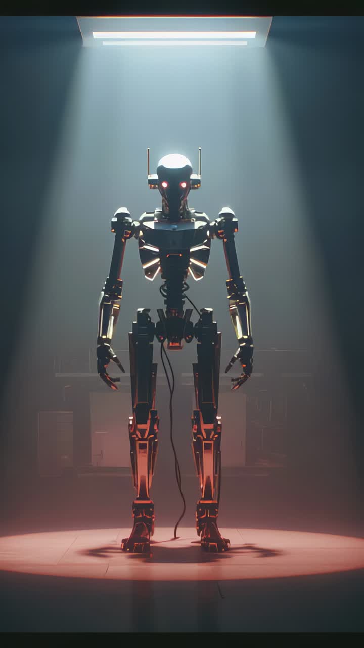 Vertical video: Camera moving closer activating humanoid robot lighting red eyes during lab test
