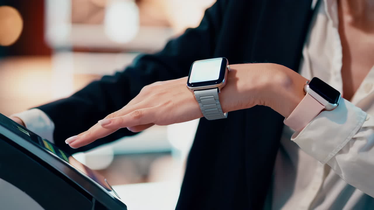 Person interacting with a digital device while wearing two smartwatches