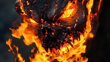 a close up of a burning pumpkin with a scary face