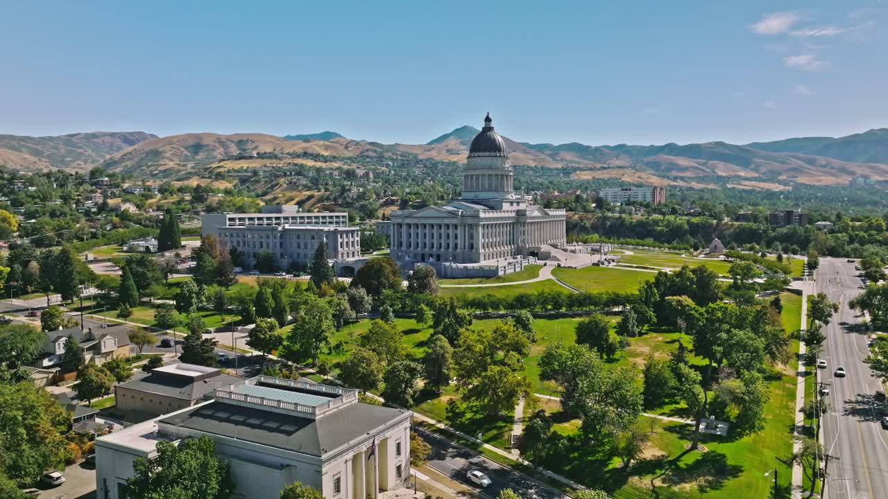 Aerial drone shot of Utah capitol building in Salt Lake City, UT