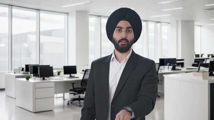 un hombre de negocios indio sikh enojado gritando a alguien.