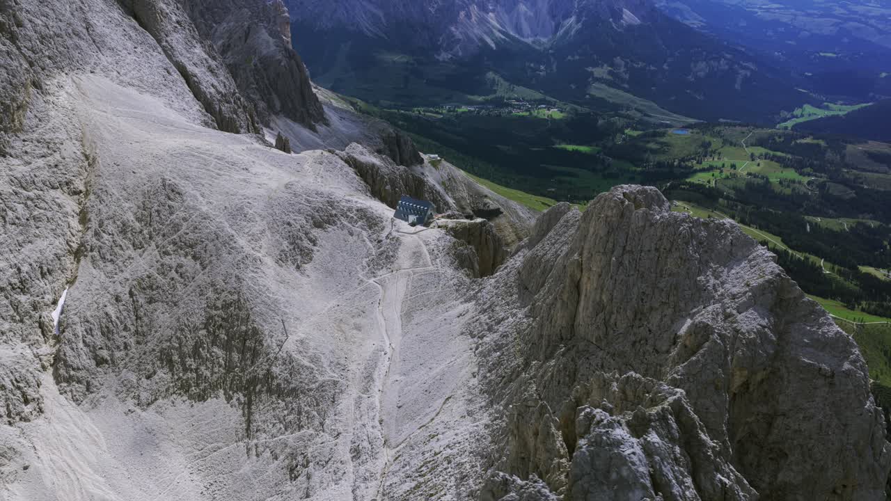 Vajolet Towers Mountain In Dolomites Italy - Aerial Drone Shot