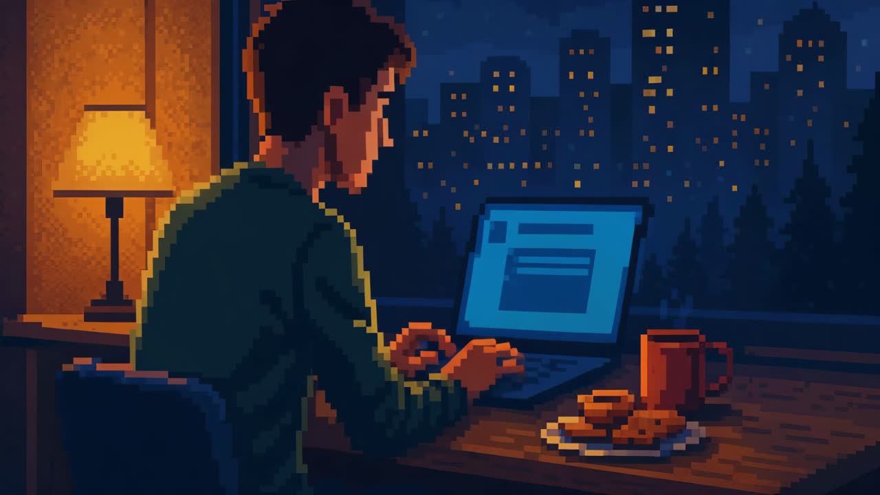 Young man engaged in focused work on laptop at night, illuminated by warm lamp light, with cookies and coffee on table, creating a cozy and productive atmosphere