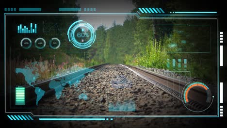 Eisenbahn-Mit-Overlay-Datenbildschirm-Und-Hitzeschleier,-Der-Von-Zugschienen-Aufsteigt