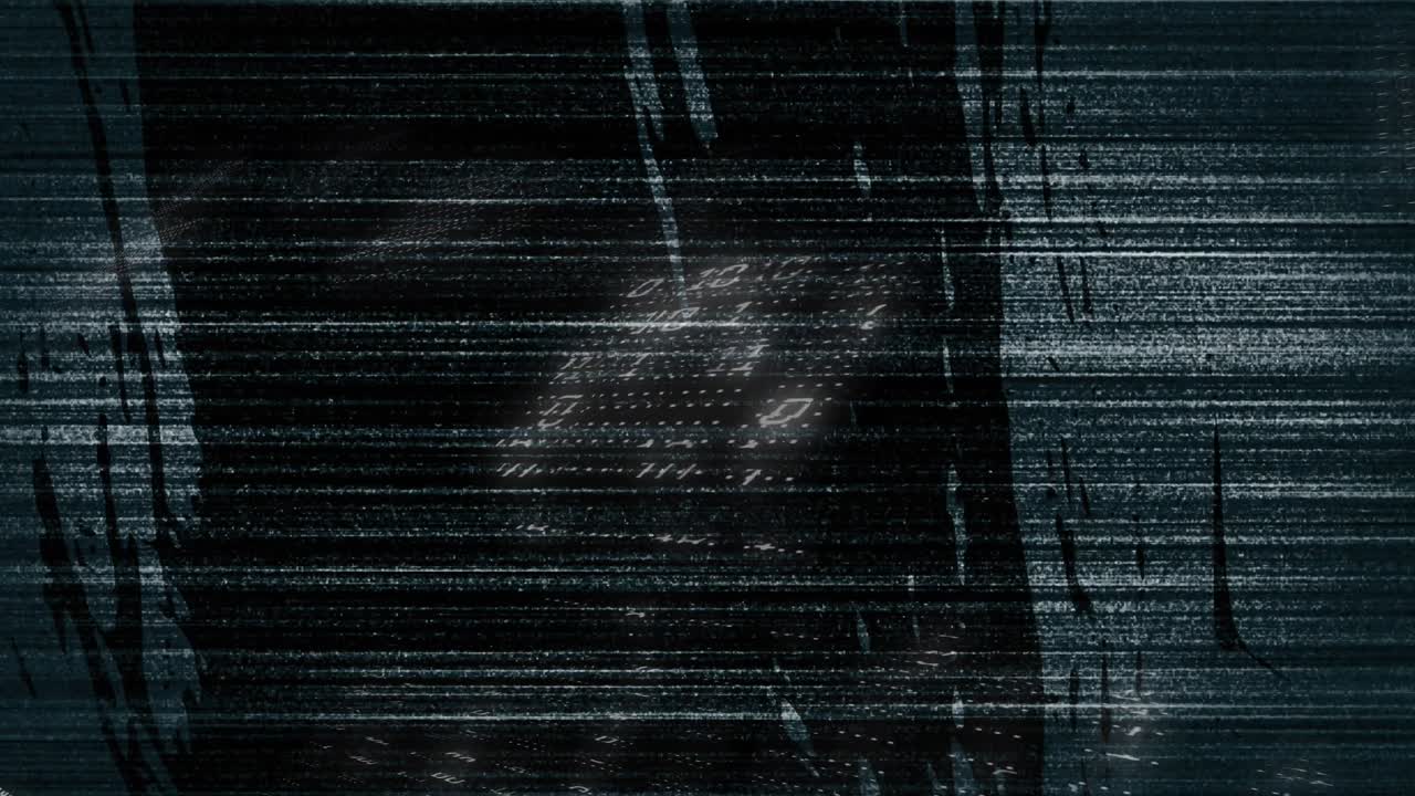Animation of binary coding and interference over businesswoman wearing phone headset