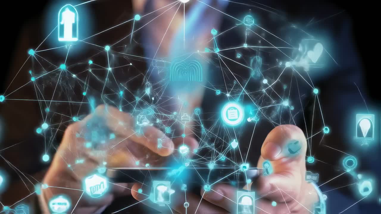 Businessman is using smartphone managing global network of internet of things, digital marketing and social media, connecting icons with lines and dots