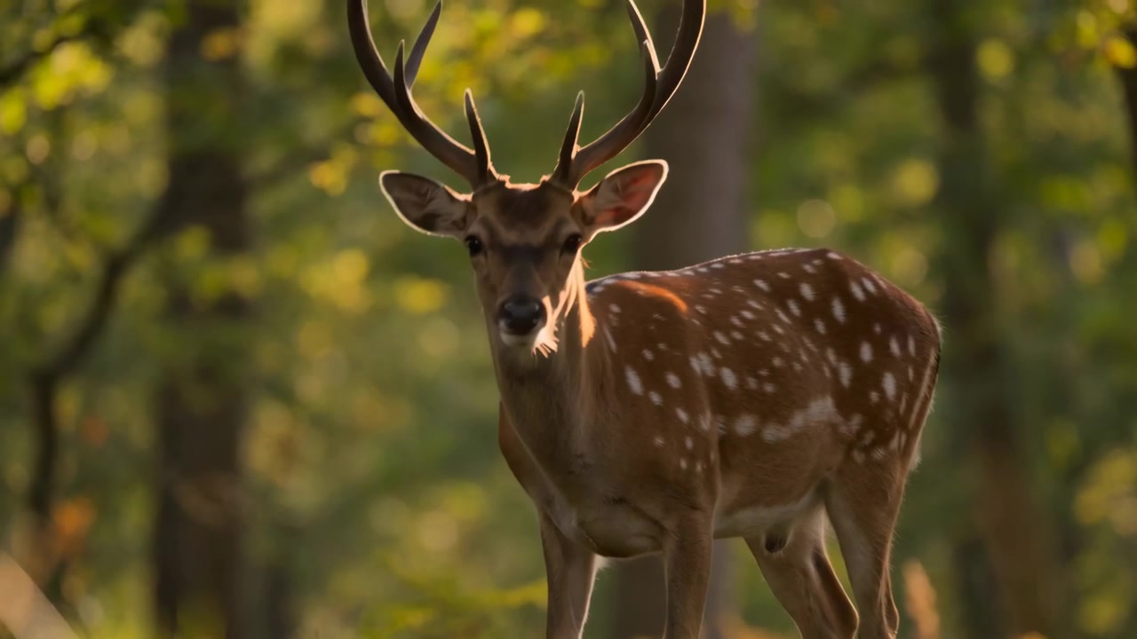 Cervo maschio maculato abbassa la testa per pascolare, poi si alza attento in una foresta decidua illuminata dal sole con controluce caldo, bokeh morbido, pelliccia strutturata, erbe del bosco e un'atmosfera serena di habitat naturale