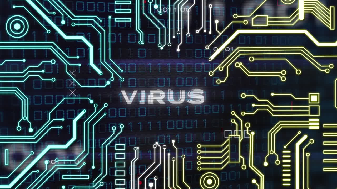 animación de banner de texto de virus a través de conexiones de microprocesador y procesamiento de datos de codificación binaria