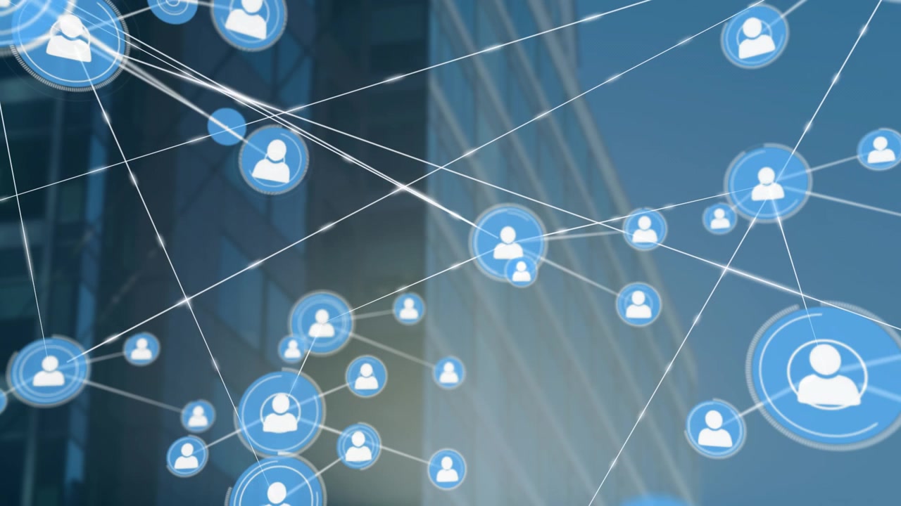 Icone di connessione di rete digitale su un moderno edificio per uffici