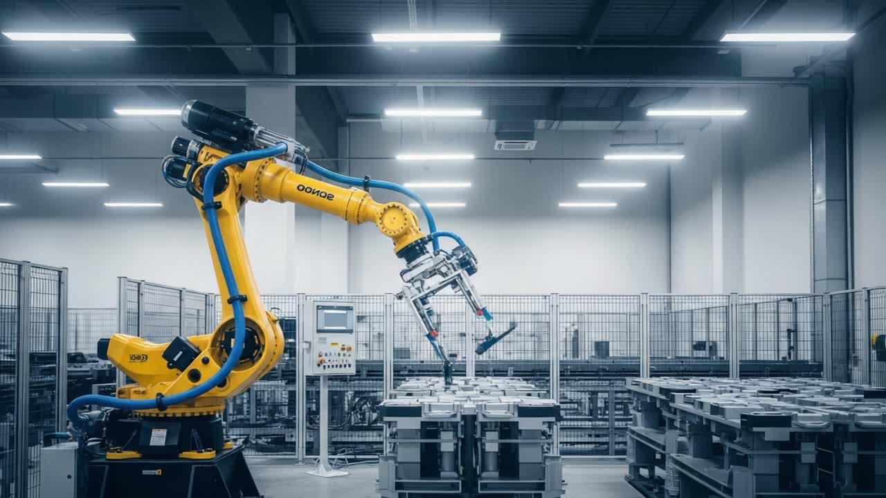 An Advanced Robotic Arm Operating in a Modern Manufacturing Facility, Showcasing Precision Engineering and Automated Efficiency in Industrial Settings