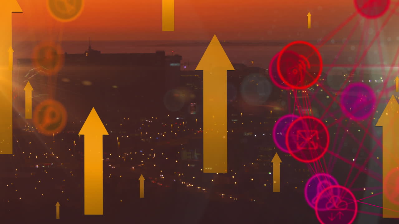 도시 풍경 위의 아이콘으로 연결된 네트워크의 애니메이션