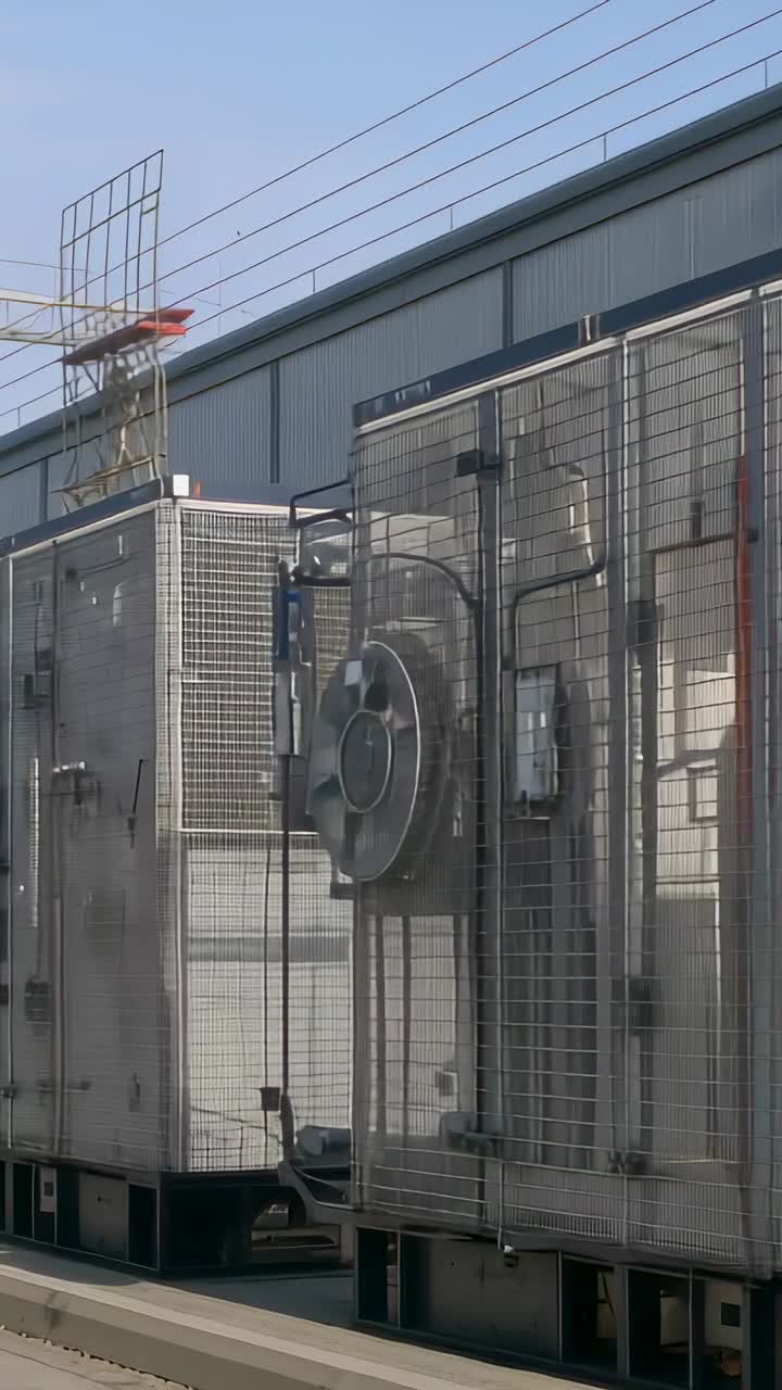 Video verticale: Panoramica su moduli HVAC, che mostra una griglia circolare del ventilatore, scala sul tetto in un magazzino