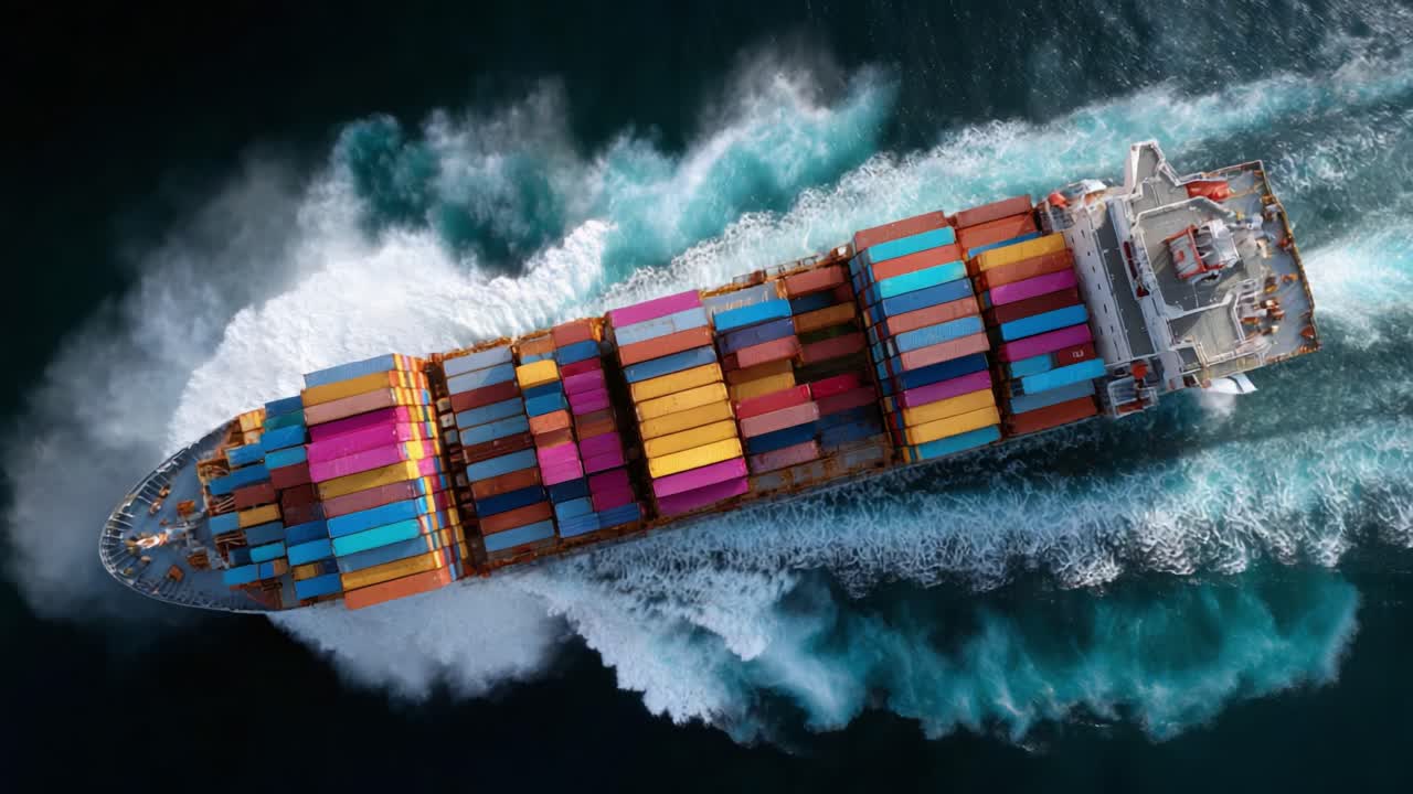 Aerial View of a Large Container Ship Navigating Through Turquoise Waters, Showcasing Vibrant Cargo Boxes Against a Dynamic Ocean Background