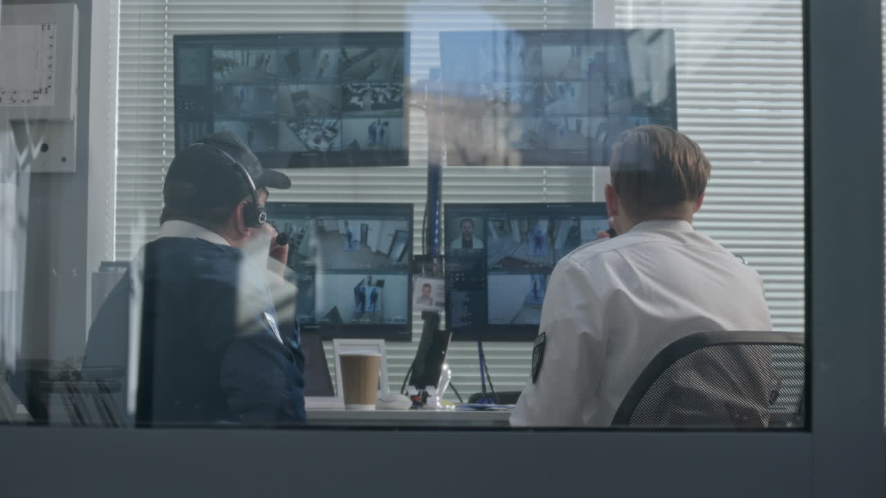 Security Guard Monitoring Surveillance Cameras in Control Room