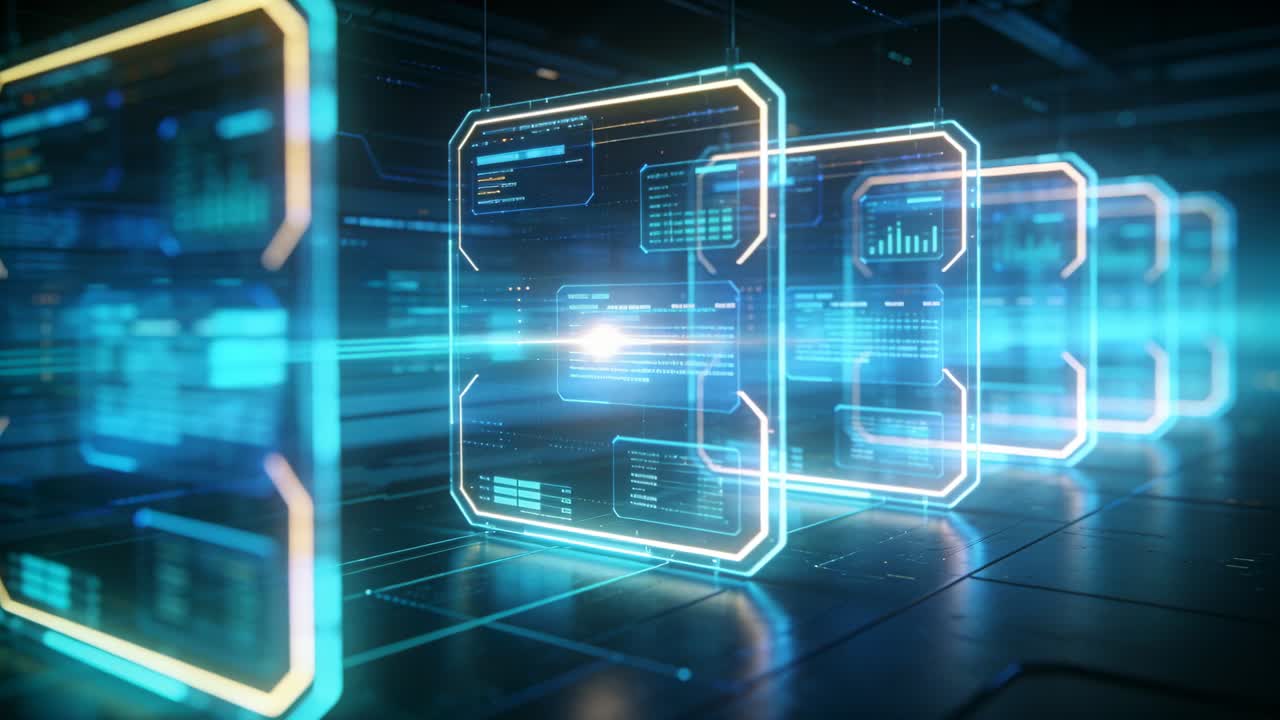 Central holo panel shifting into focus as camera gliding, blue beam animating data charts for tech