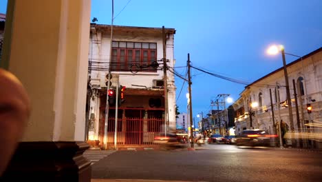 Hyperlapse landscape architecture view of the ancient local street with beautiful shino-portuguese architecture town house building in Phuket old town in evening sunset time