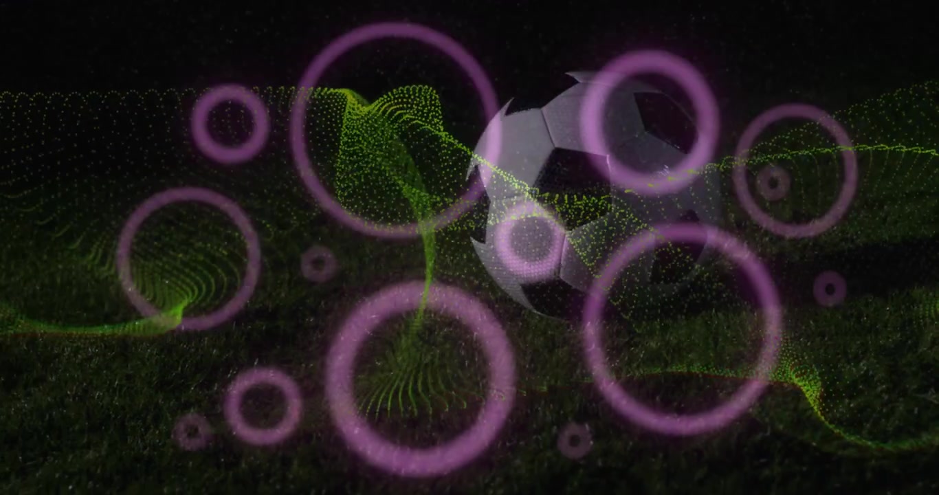 Animation of neon shapes over football player kicking ball at stadium