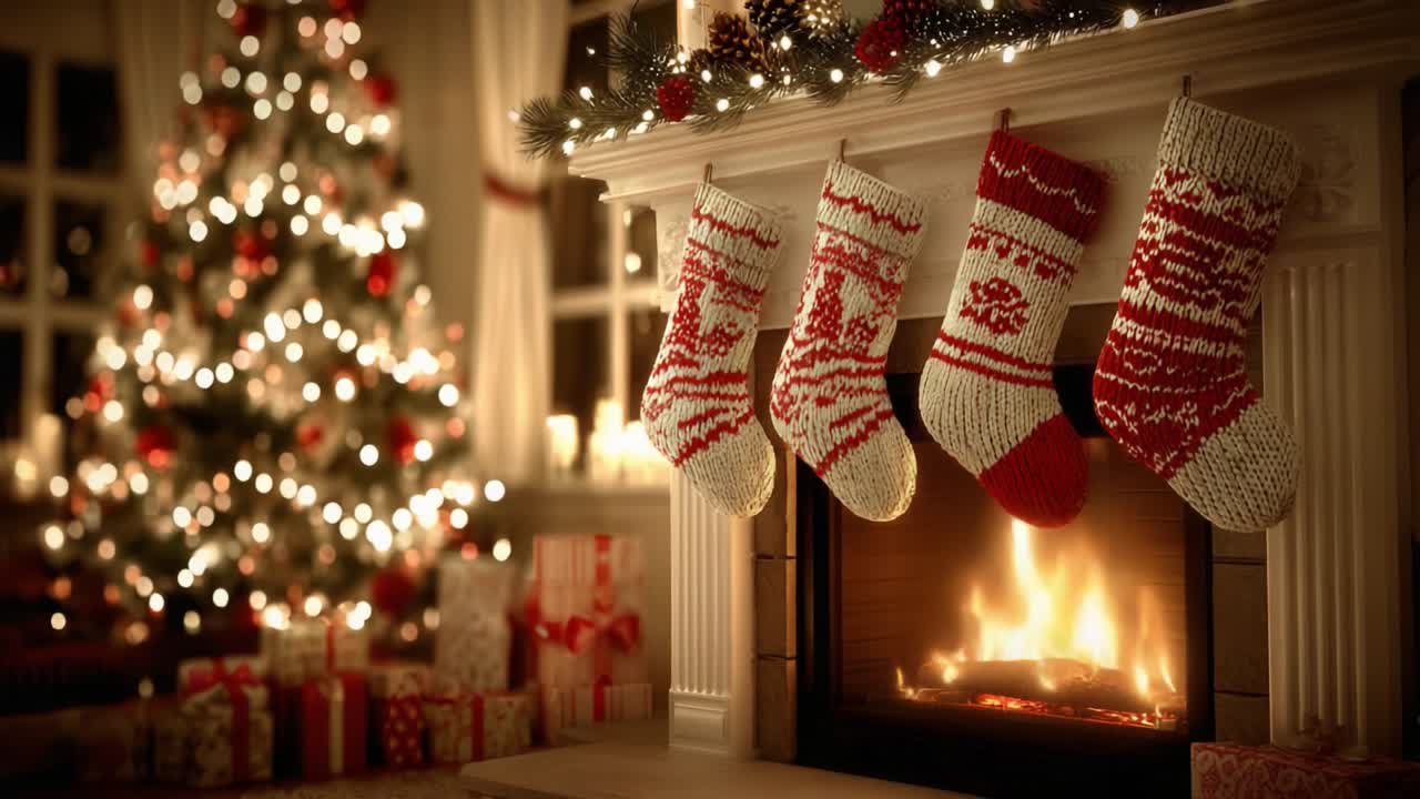 A Cozy Christmas Scene Featuring a Festively Decorated Fireplace, Stockings Hung with Care, and a Beautifully Adorned Tree Bathed in Warm Glow