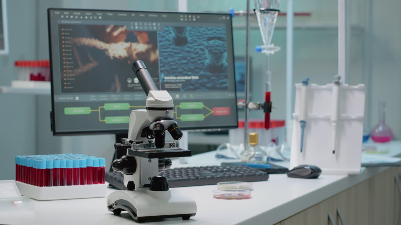 Laboratory with Microscope and DNA Research