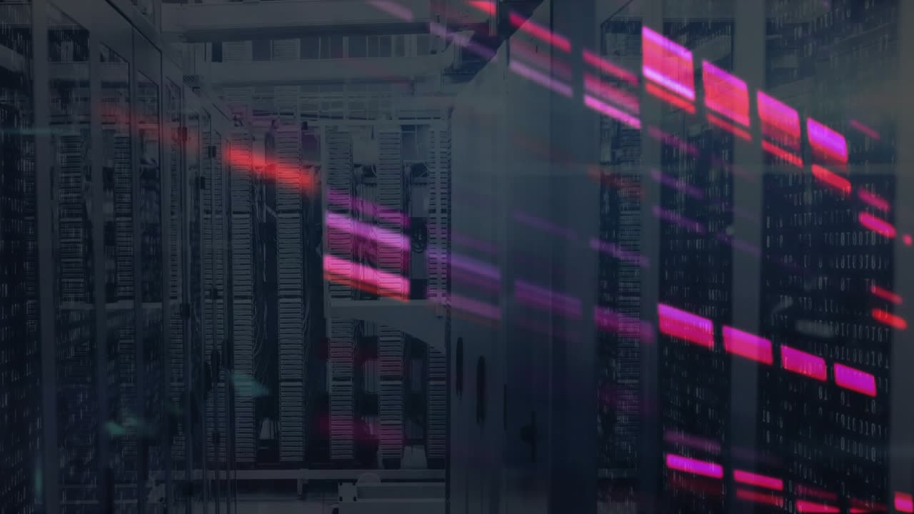 On playback start neon-magenta bars sliding racks multiplying letters flickering mapping data flow