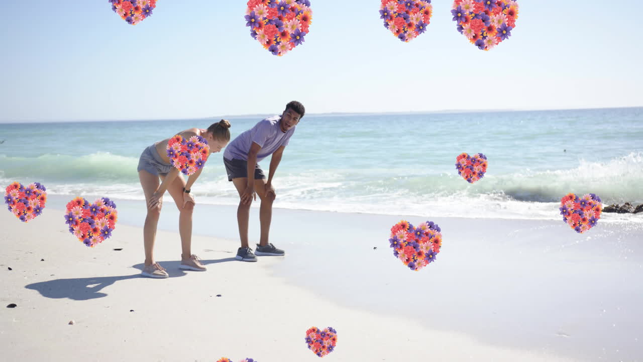 여름에 해변에서 사랑에 빠진 다양한 커플을 가로질러 움직이는 마음의 애니메이션