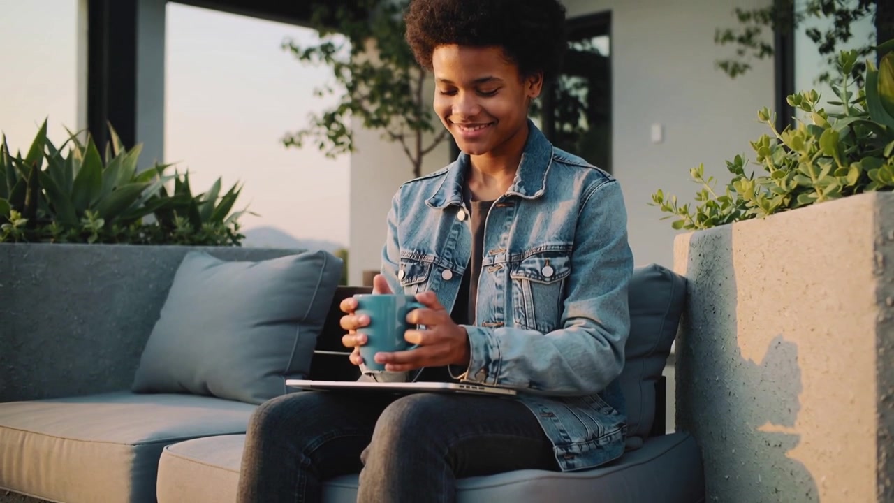 Finissant le travail, une femme en veste en jean ferme un ordinateur portable argenté et apporte une tasse bleue.