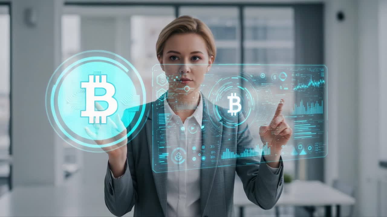 A Professional Woman Engaging with Blockchain Technology through an Interactive Holographic Interface, Analyzing Cryptocurrency Trends and Data Visualizations