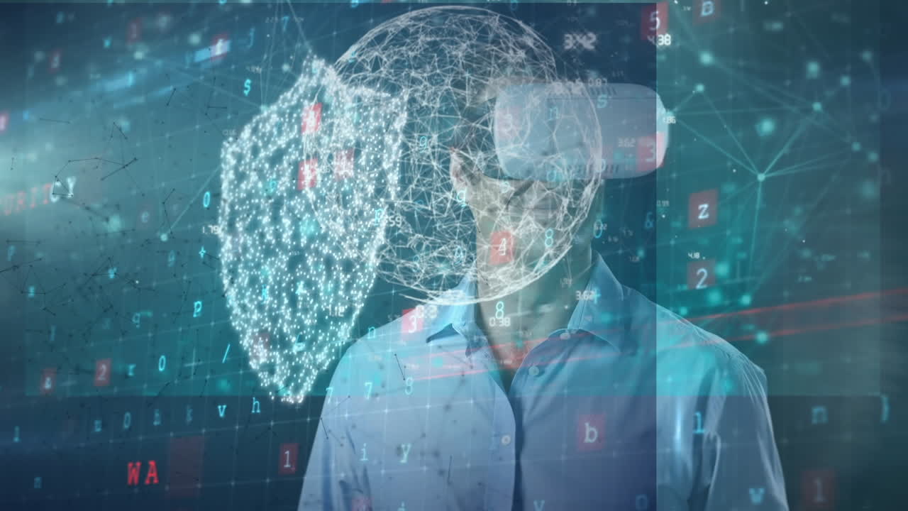 animación de la red de conexiones, iconos de seguridad sobre el hombre que usa auriculares vr