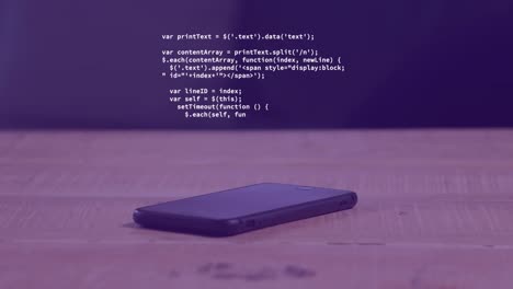 animación de lenguaje informático a través de un teléfono móvil en una mesa de madera en el fondo