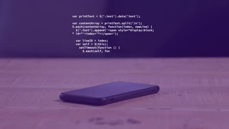 animation of computer language over cellphone on wooden table in background