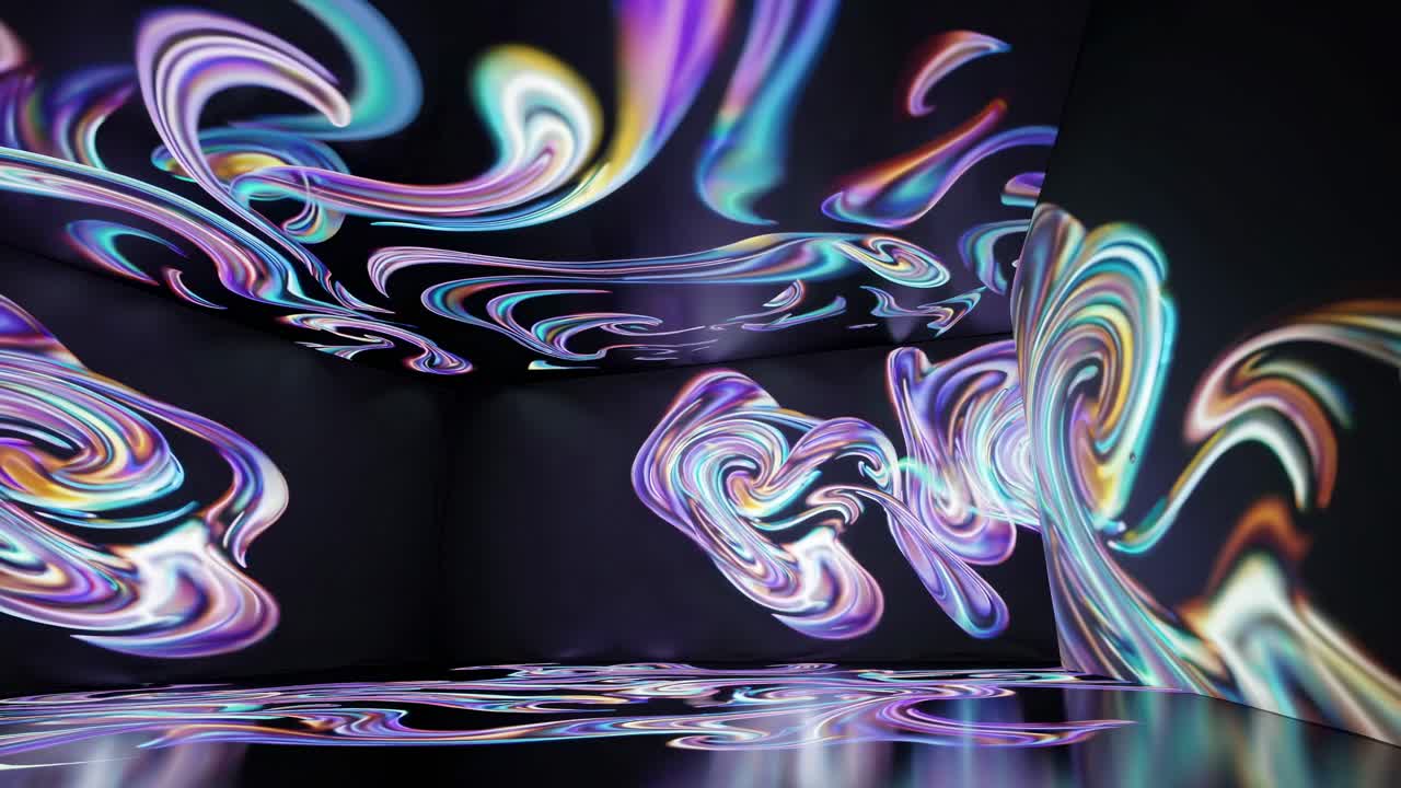 Immersive video art installation with swirling neon patterns on walls and floor
