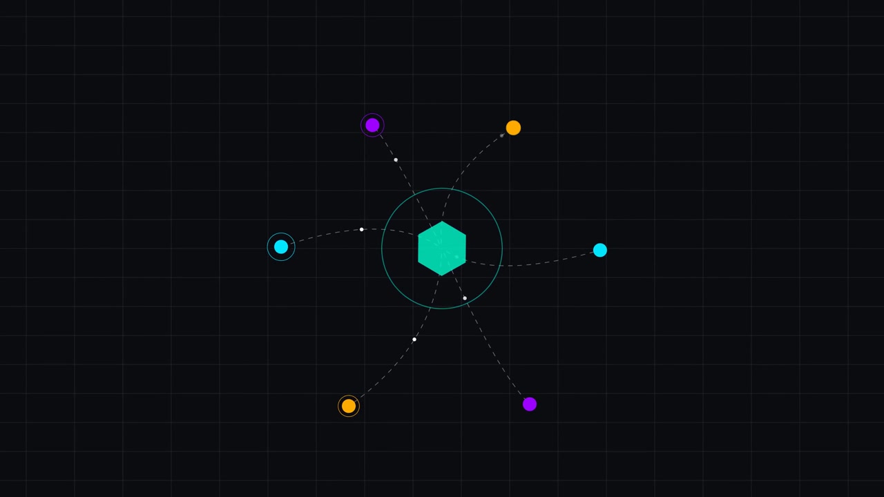 Grafis Gerak Abstrak Heksagon Berputar dan Node Mengorbit