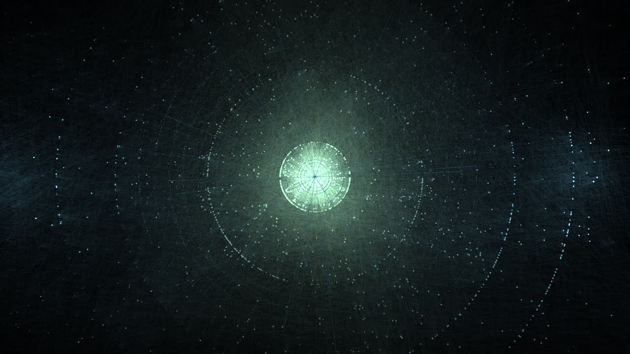 Glowing digital core with neural network connections and flowing data lines. Suitable for artificial intelligence research, machine learning, computing, and technology presentations