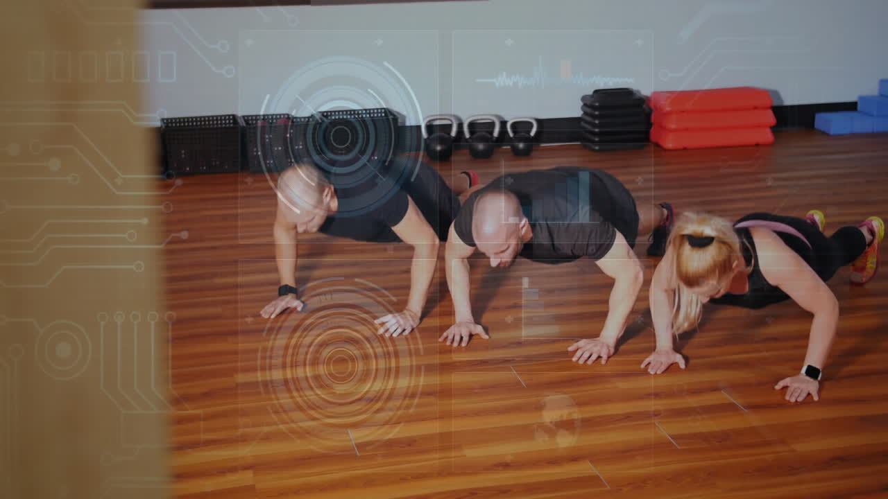 Doing push-ups on wooden floor, three people with digital circuit animation