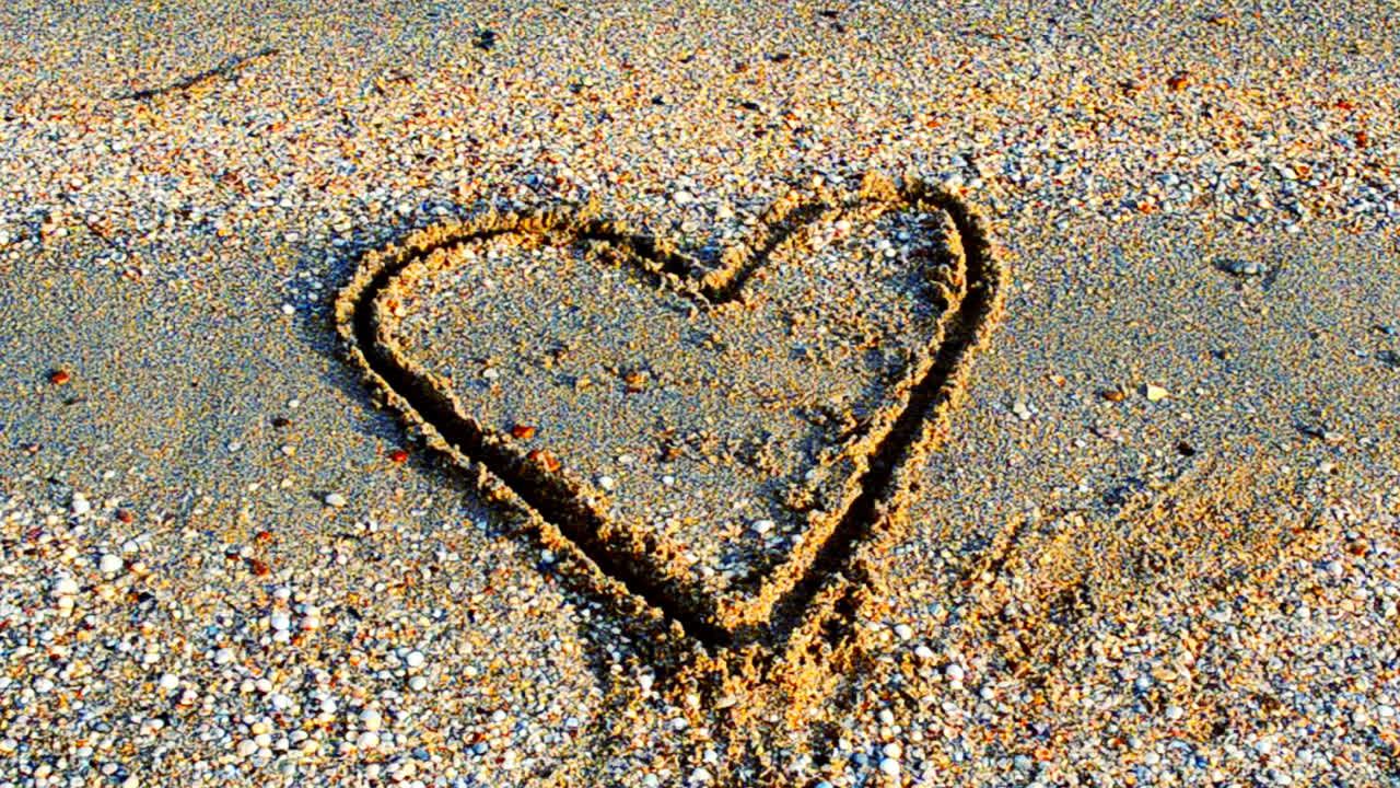 Cuore sulla sabbia. Riprese sulla spiaggia. Riprese sulla spiaggia