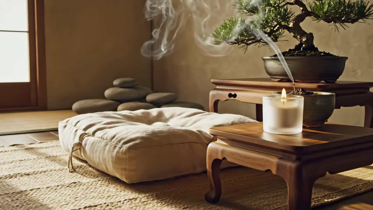 Salle de méditation zen paisible avec bougie et bonsaï