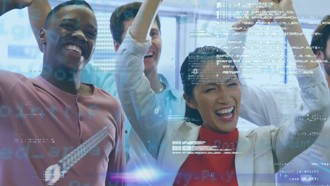 Data processing against diverse office colleagues celebrating together at office