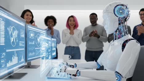 an advanced humanoid robot engages with high-tech computers while a diverse group of people applaud, showcasing the synergy between technology and human interaction
